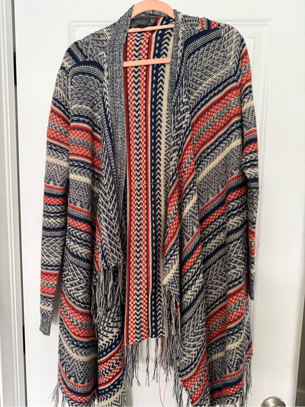 Almost Famous  Boho Open-Front Fringe Cardigan Sweater - Navy, Cream & Red